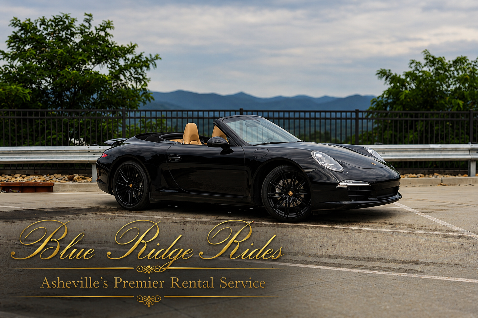 Black 2015 Porsche 911 Cabriolet with tan interior available for rent in Asheville NC