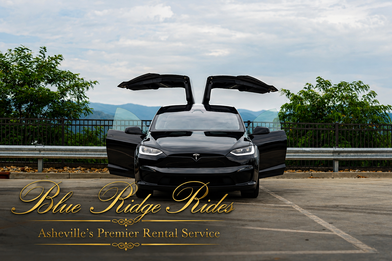 Black 2024 Tesla Model X with falcon-wing doors available for rent in Asheville NC